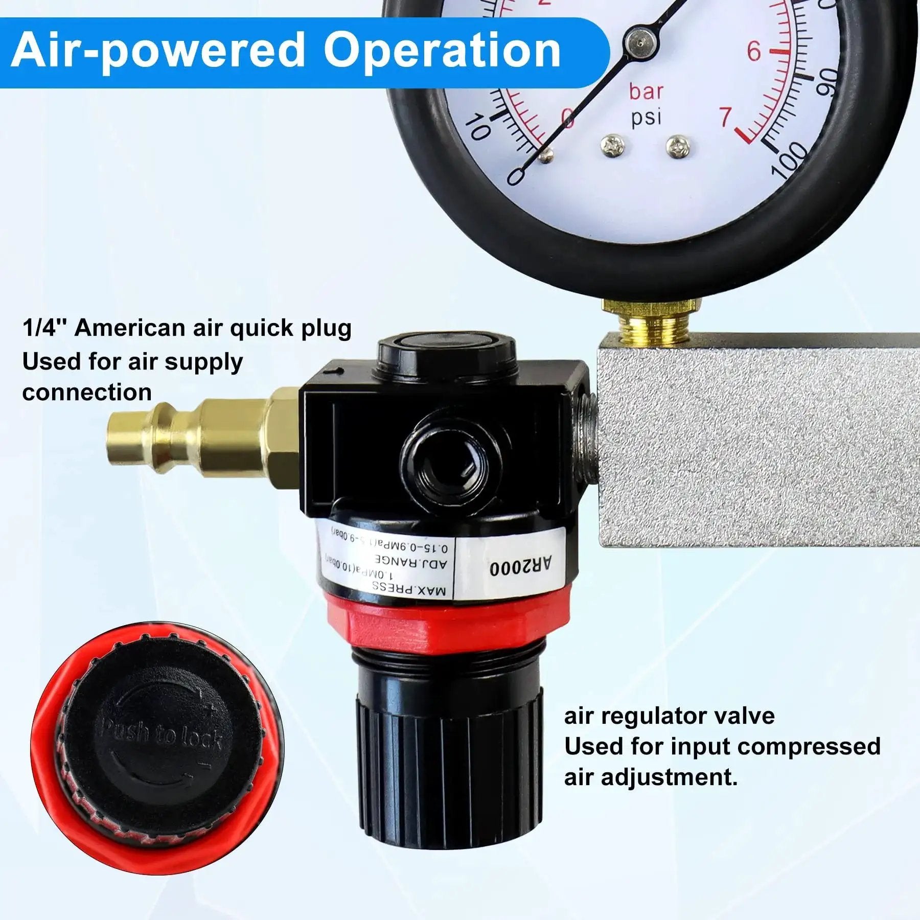 Close-up of air regulator and gauge on Leak Down Tester Kit With Dual Pressure Gauges For Gasoline Engines By JoyFans.
