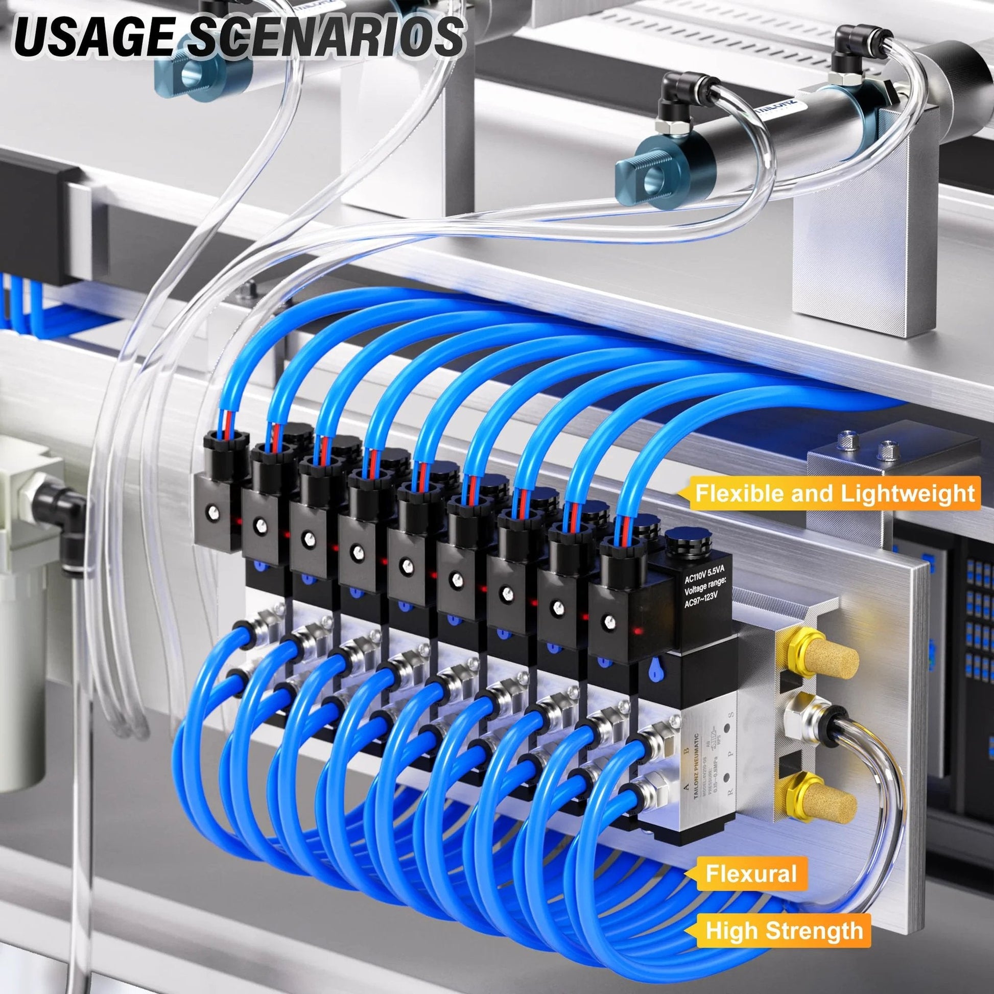Blue 6mm OD 4mm ID Polyurethane Air Hose Kit With 10 Meter Length and various fittings installed in a pneumatic setup.