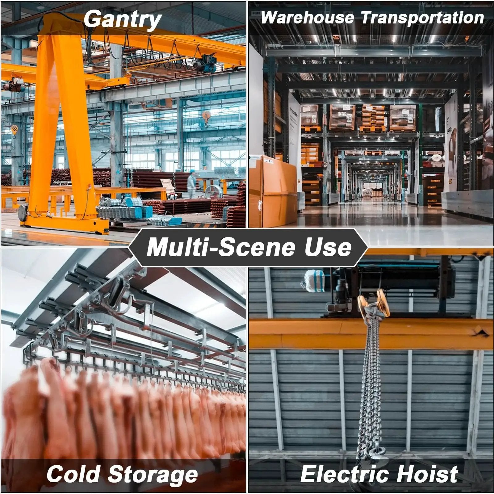 Multi-scene use of two wheel trolley assembly rollers for one and five eighths inch wide strut channel, shown in gantry and warehouse settings.
