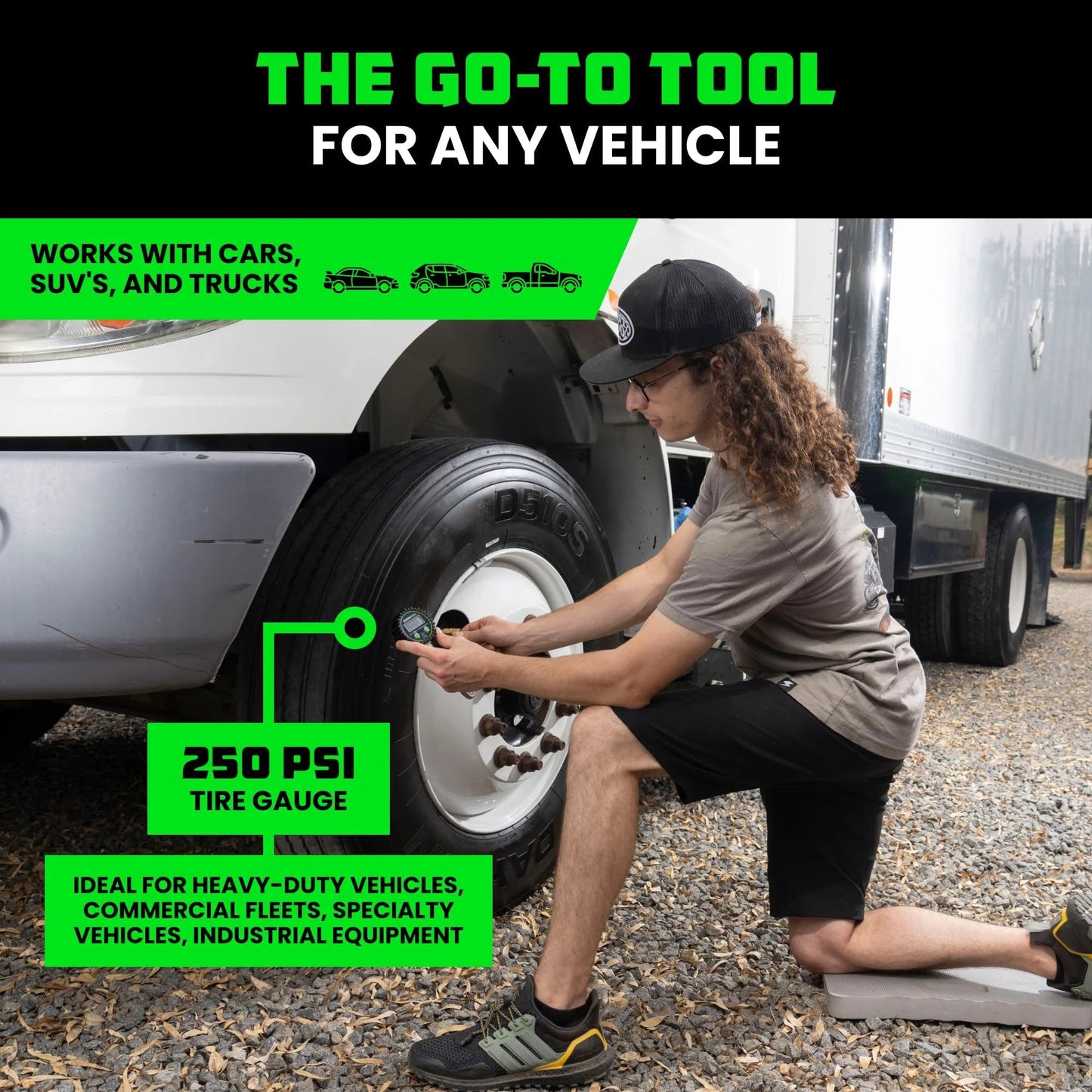 Person using Ultimate Tire Pressure Gauge With Glow Dial And Premium Braided Hose 0-250 Psi ANSI B40.7 Accurate on truck wheel
