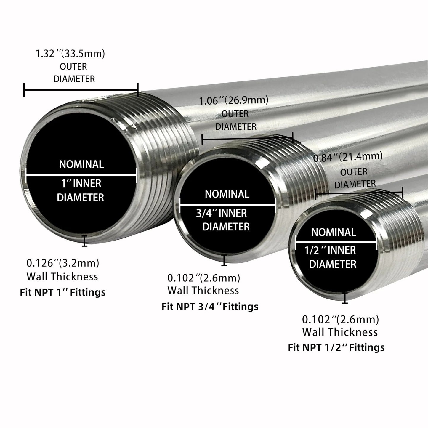 Heavy Duty GeilSpace Half Inch NPT Stainless Steel Pipe Nipples, Eighteen Inches Long, Set Of Two, 304 Stainless Steel, Rust Proof