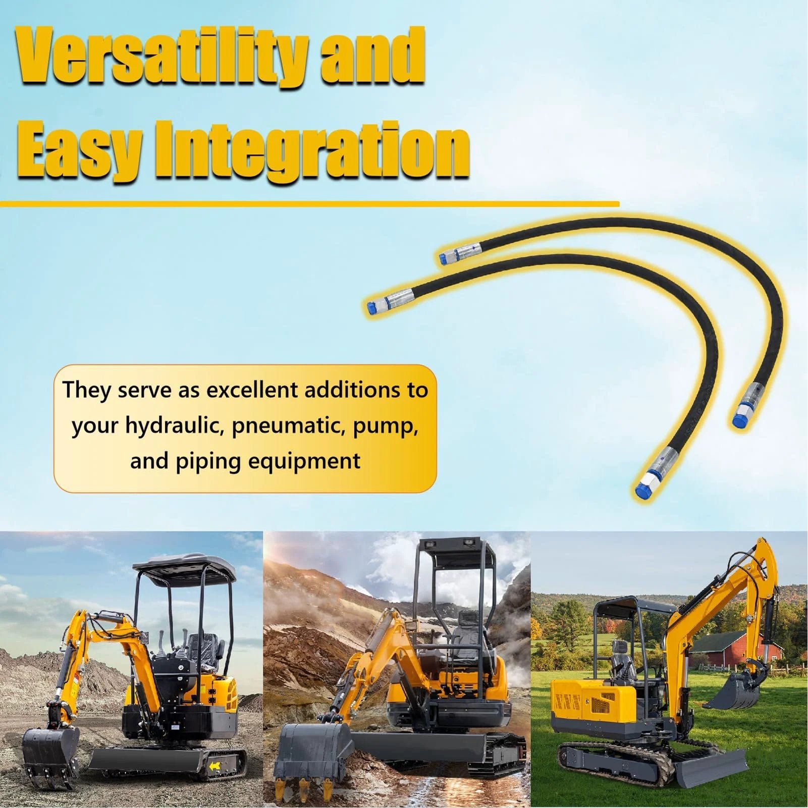 Two Pack Beefed Up Excavator Diverter Valve Hoses For One To Two Ton Mini Excavator 32 Inch Length Hydraulic Diverter Hose Set Fits M14 Fittings And Quarter Inch Interface High Pressure 60 MPa 8702 PSI Premium Replacement shown with excavators.