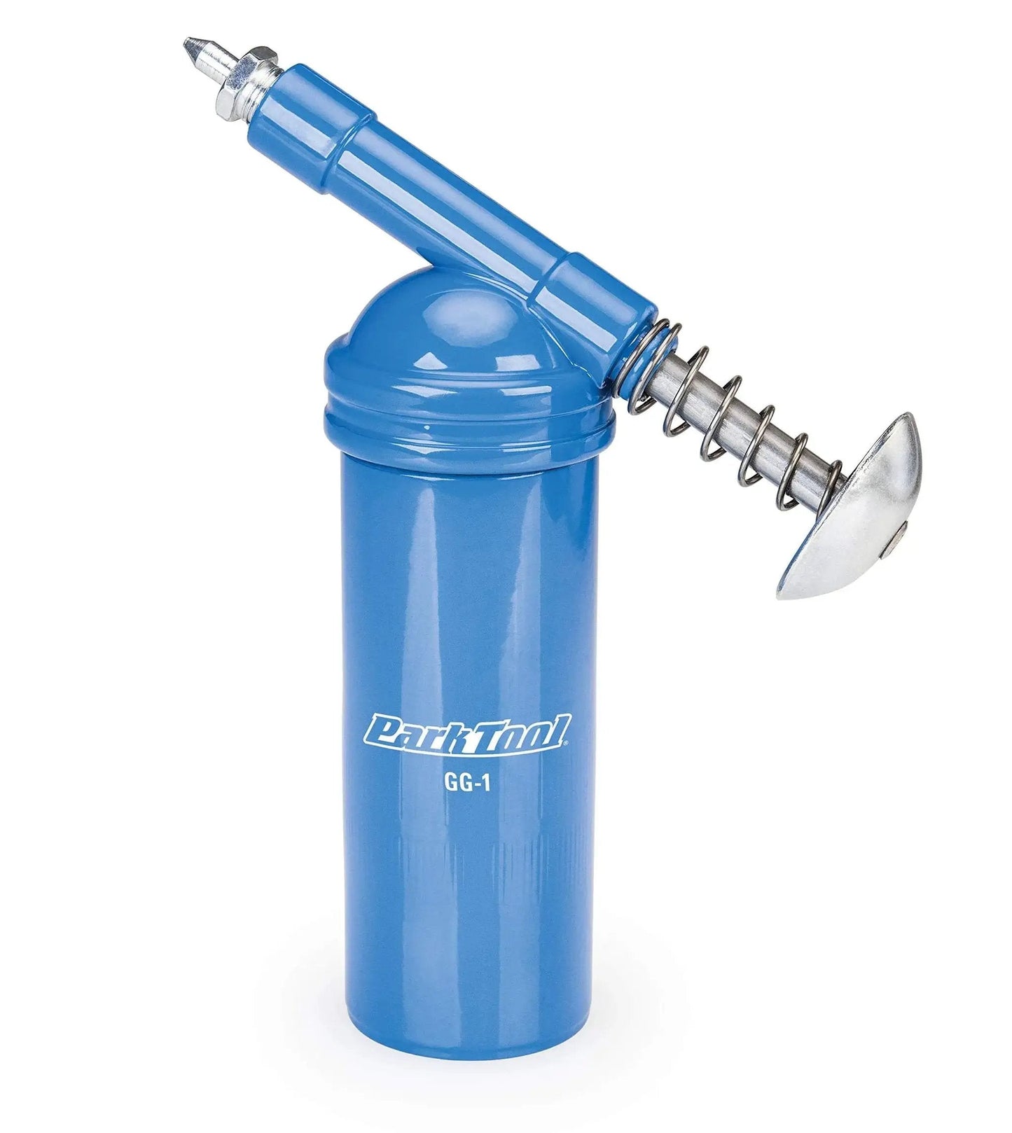 Fat Press For Precision Grease And Anti-Seize Application, Includes 3.6 Fl Oz Canister (100 mL), Shop-Grade Tool With Small Tip Opening For Precise Placement, Park Tool Tube Compatibility, Silver, shown front view, blue housing.