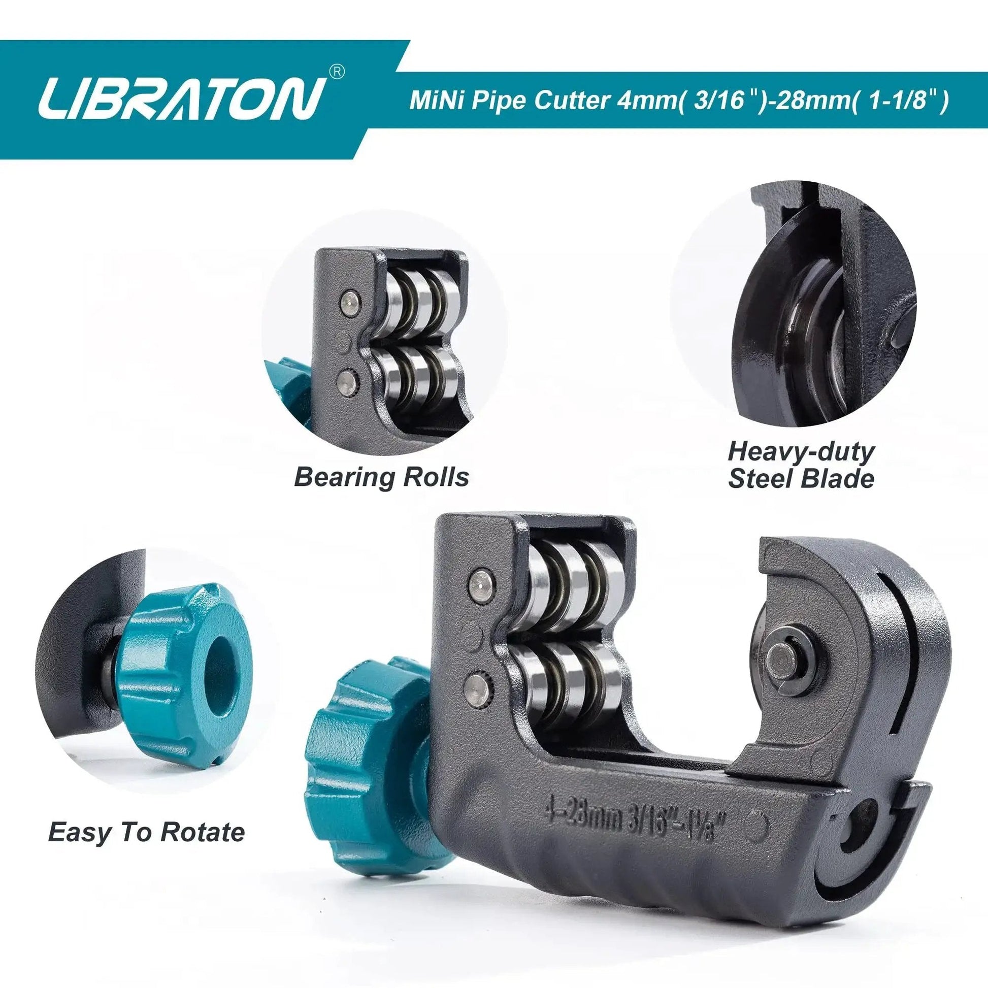 Compact Mini Tubing Cutter For Copper Aluminum And Thin Stainless Steel Pipes Three Sixteenths To One And One Eighth Inch With Deburring Tool Heavy Duty Portable Pipe Cutter For Tight Spaces From Libraton showing bearing rolls and steel blade.