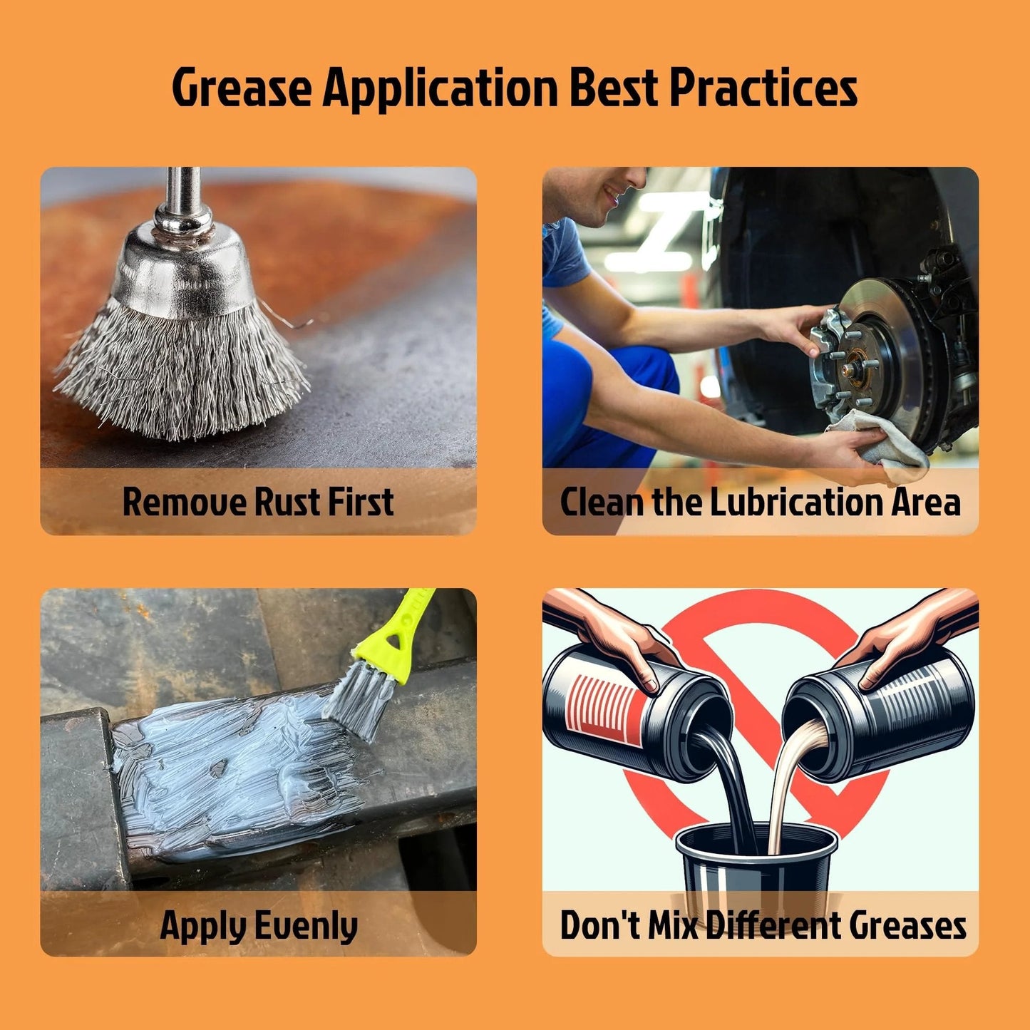 Collage showing grease application tips: rust removal, cleaning, even application, mixing cautions for White Lithium Multi Purpose Grease 3.52 Oz Heavy Duty NLGI 2 For Automotive Brake Calipers Door Hinges Bike Bearings And Tracks High Temperature Lubricant That Keeps Rust And Corrosion Away.