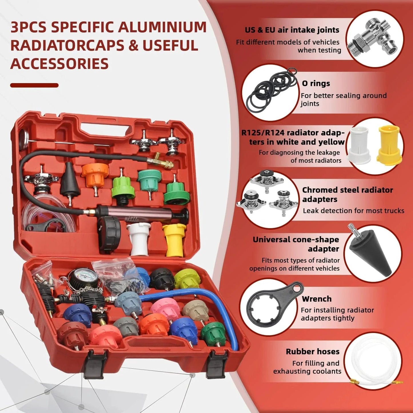 Coolant Vacuum Refill Kit With 23 Radiator Adapters And 31 Piece Tool Set Pressure Tester For Radiator Cooling System Vacuum Purge Tool And Diagnostic Kit For DIY Auto Maintenance By HZAUTOS displayed open in red carrying case with various adapters and tools.