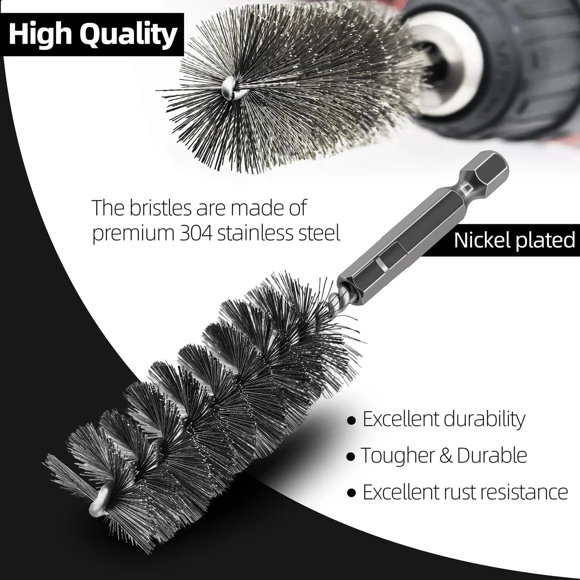 Close-up of 12 Piece Stainless Steel Bore Brush Set For Drill with 1/4 Inch Hex Shank showing metal bristles and hex connection.
