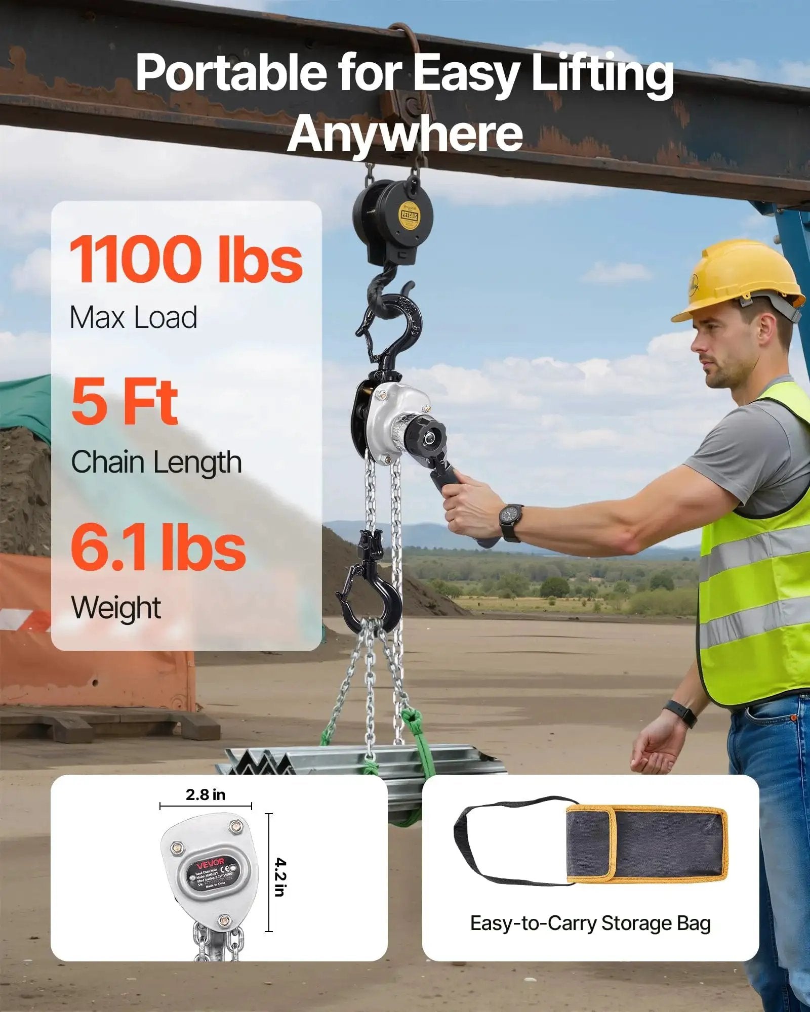 Manual Lever Chain Hoist Half Ton With 5 Ft G80 Chain Dual Pawl Brake shown with dimensions and weight specifications outdoors