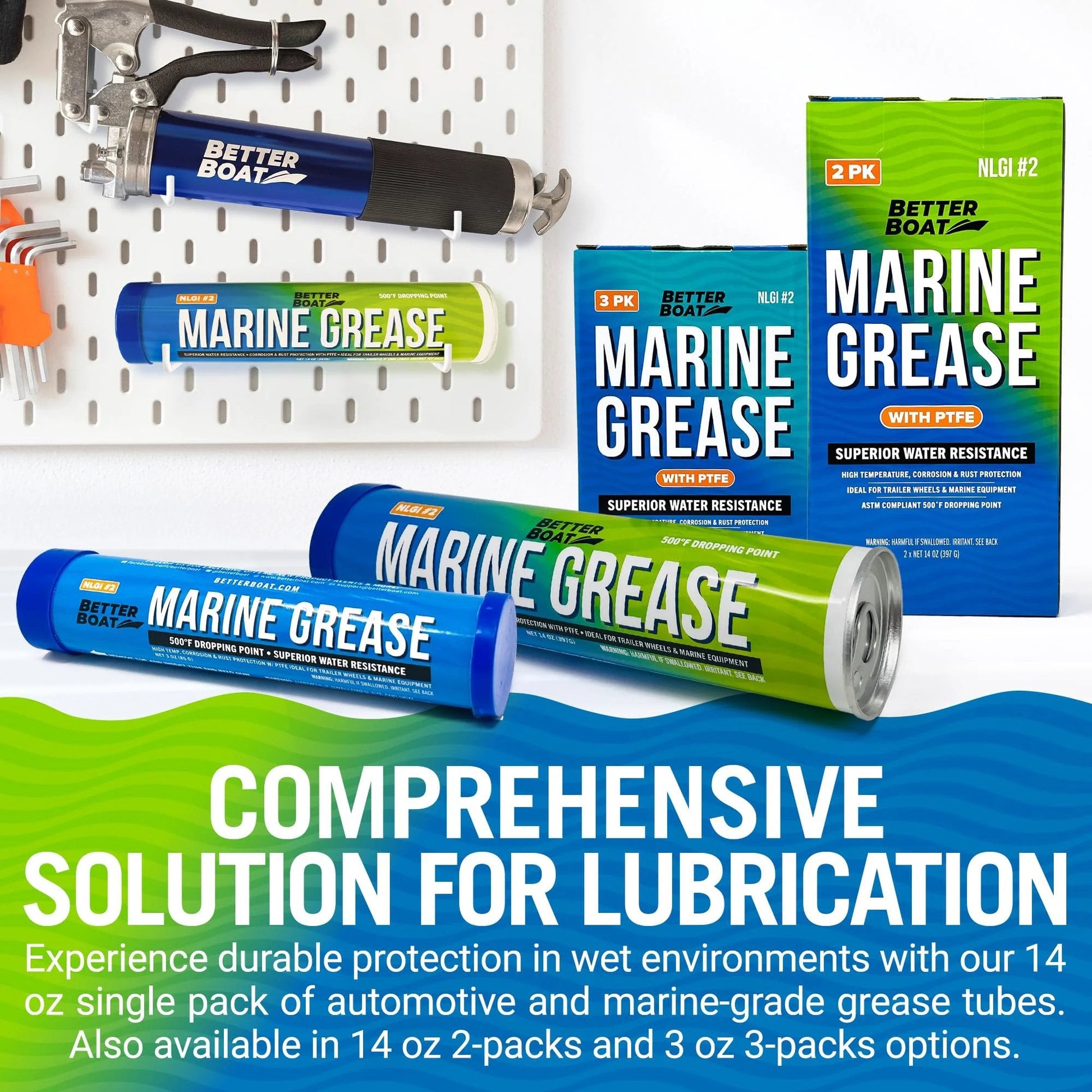 Marine Grease Tube 14 Oz High Temp Waterproof NLGI 2 Lubricant For Trailer Bearings Ball Hitches And Marine Machinery, packaging displayed with grease gun
