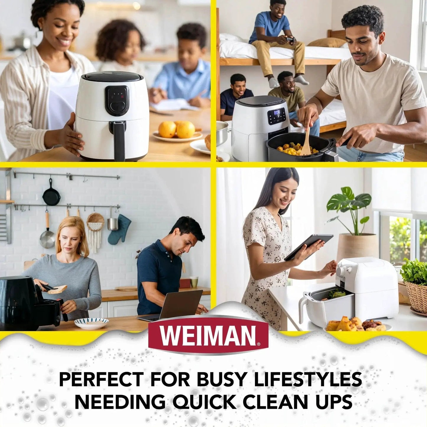 Foaming Air Fryer Cleaner Kit With Non Abrasive Sponge For Ceramic Baskets in kitchen and dorm settings with people using air fryers