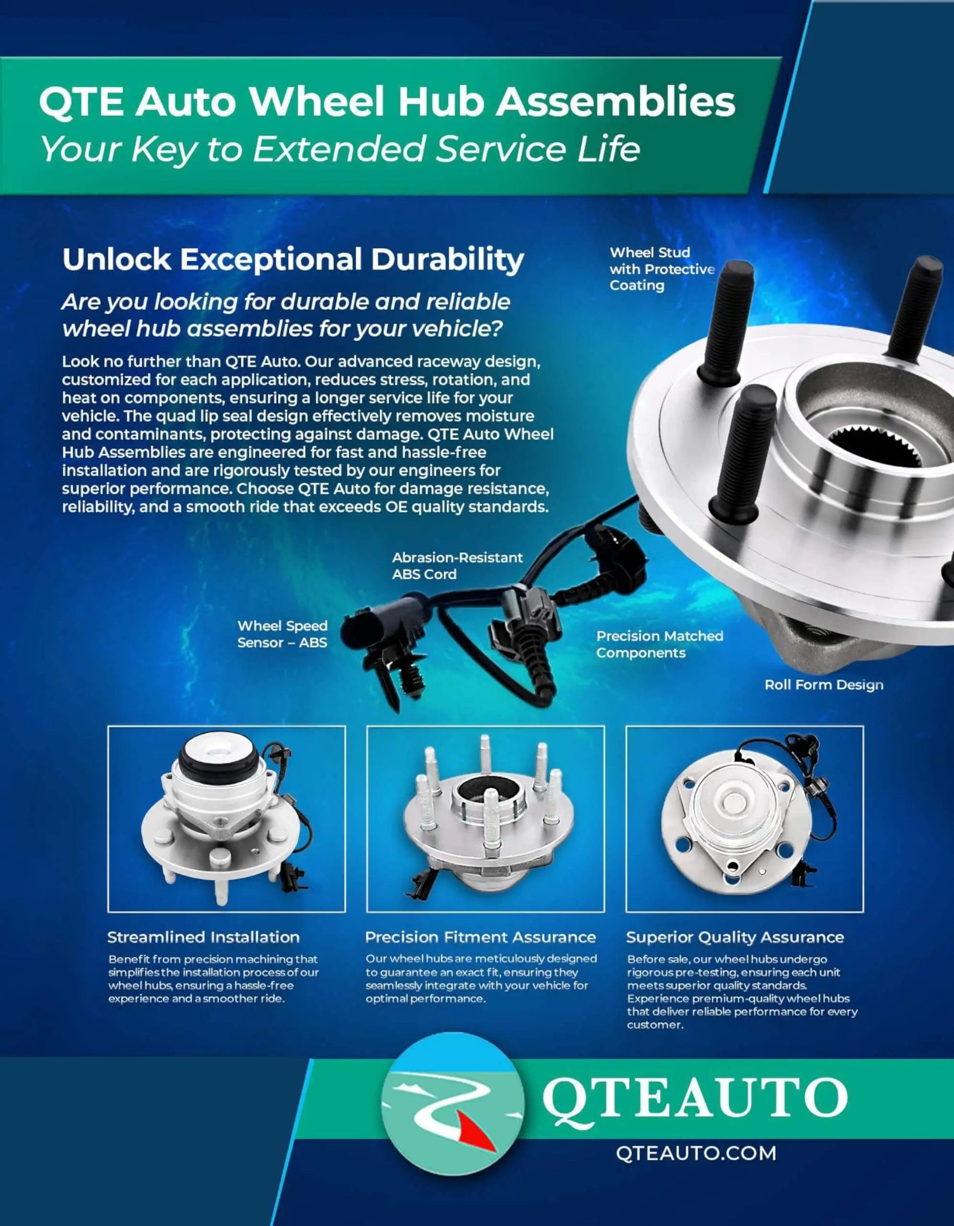 QTE Auto wheel hub assemblies for Grand Prix, Aztek, Bonneville; features and benefits highlighted.