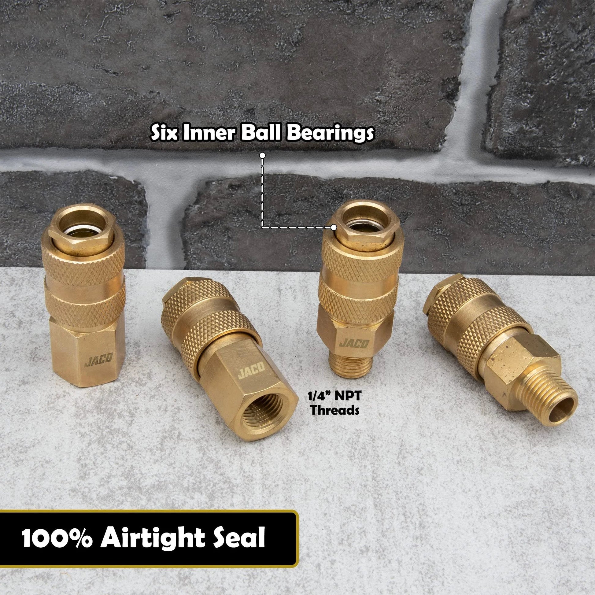 High Flow Quick Connect Air Hose Fittings Set Of Twelve With One Quarter Inch NPT Type V Plug And Coupler Kit For Air Compressors And Tools brass couplers shown.