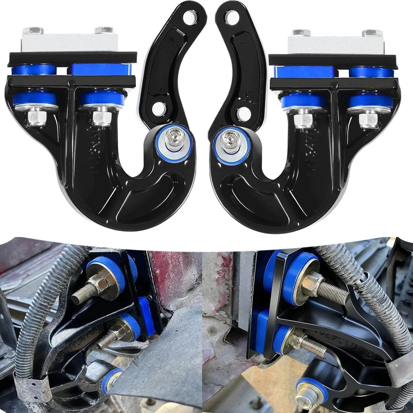 Lower Hood Pivot Kit And Hood Hinge Pivot Bolt Bushing Bracket Kit for Peterbilt 377-379, showing components and installation close-up.