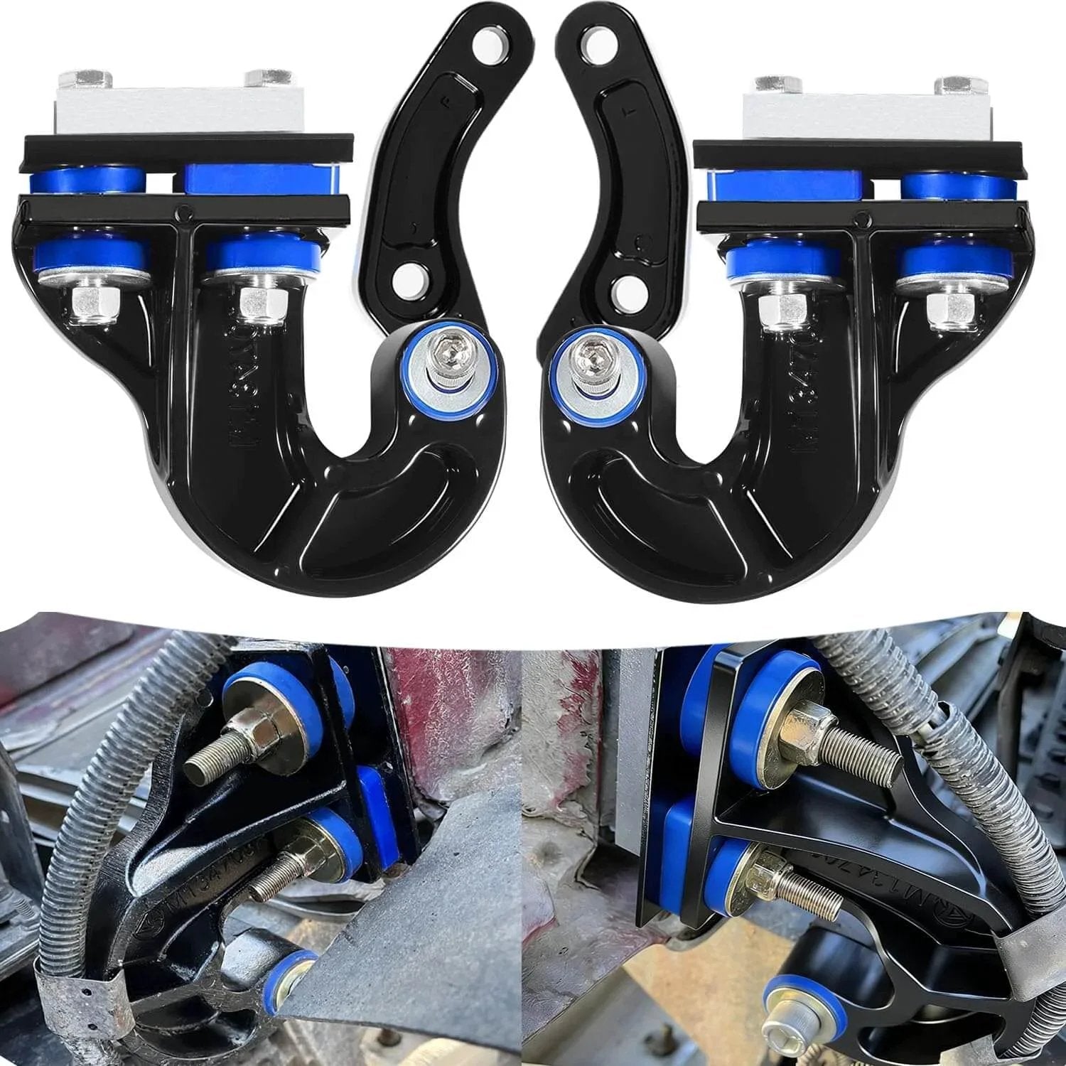 Lower Hood Pivot Kit And Hood Hinge Pivot Bolt Bushing Bracket Kit for Peterbilt 377-379, showing components and installation close-up.