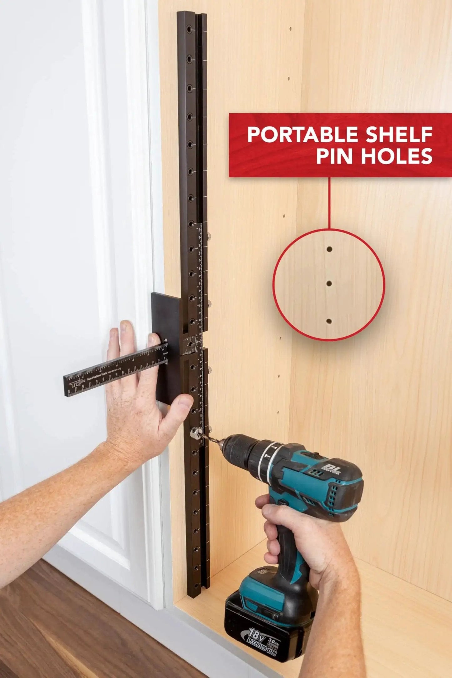 Long Pull and Rapid Center Combo Without Case being used as a portable 32mm shelf pin jig with 25 hole pattern in cabinet.