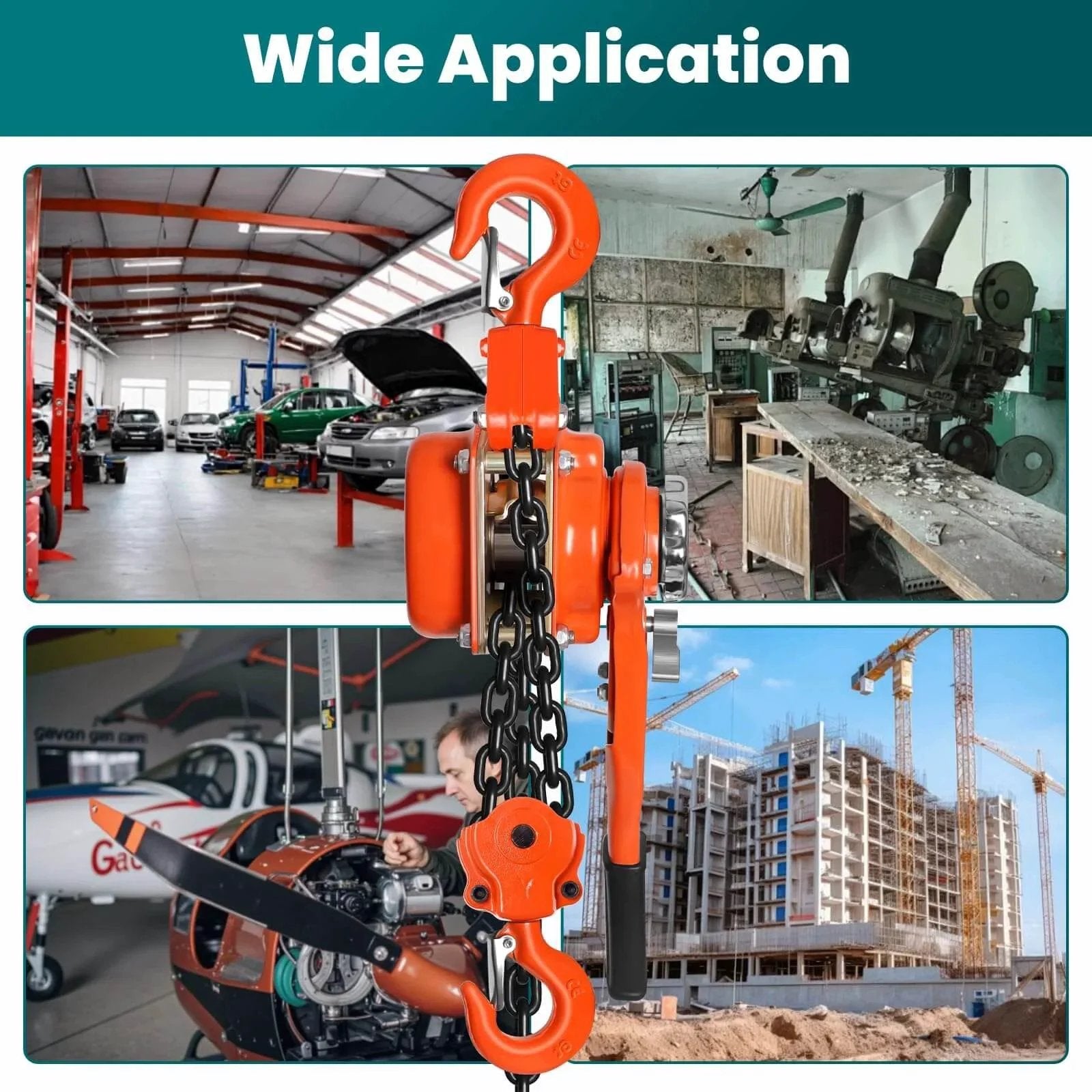 Manual Chain Hoist 6 Ton with G80 Chain in dock, garage, and factory applications, featuring 360° swivel hooks for heavy lifting.