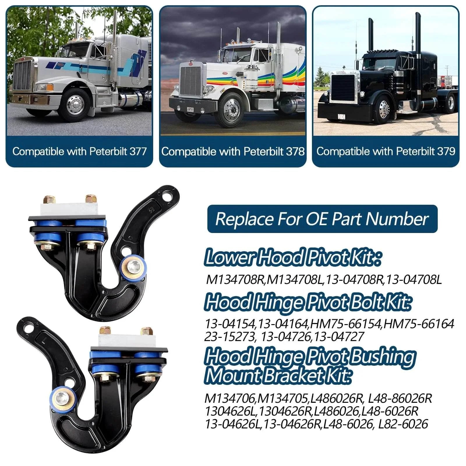 Lower Hood Pivot Kit With Hood Hinge Pivot Bolts And Bushing Bracket For Peterbilt 377 378 379 LH RH Replacement Set Includes 13-04708R 13-04708L 13-04154 13-04164 And 2 Pack with compatible truck images