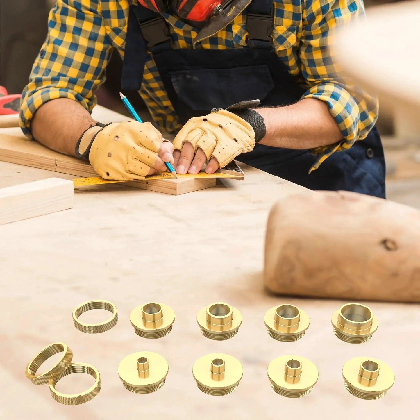Woodworker using Precision Brass Router Template Bushing Guide Set, 11 Pcs With 1/4 Inch Shank, visible on workbench, woodworking tools.