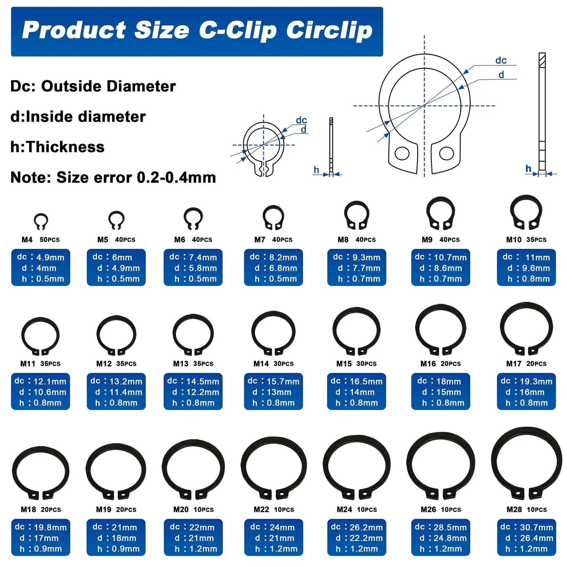 Diagram of Pro Grade External Retaining Rings Kit With 580 Pcs Circlip Snap Ring Set For Bearings M4 To M28 in black alloy steel.