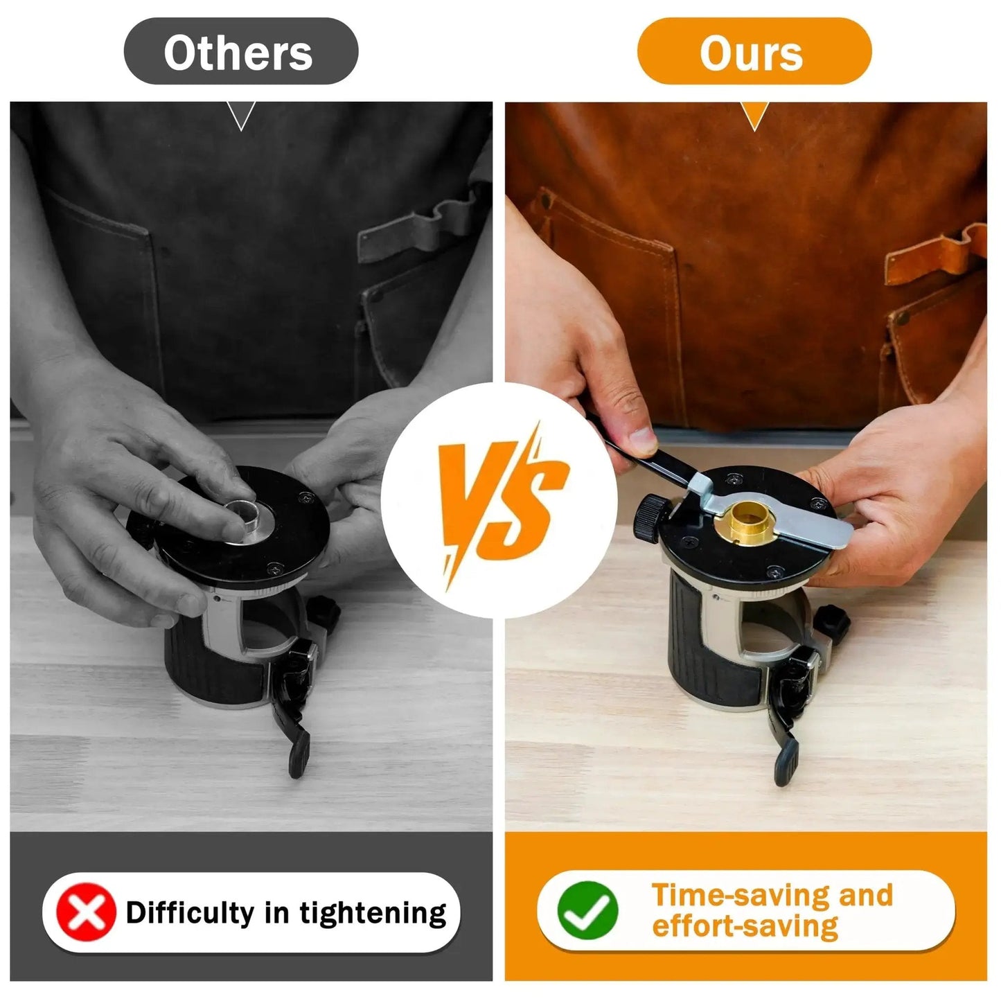Comparison of standard router vs. Pro Grade 13 Piece Brass Router Templates Bushing Guide Set With Locking Wrench