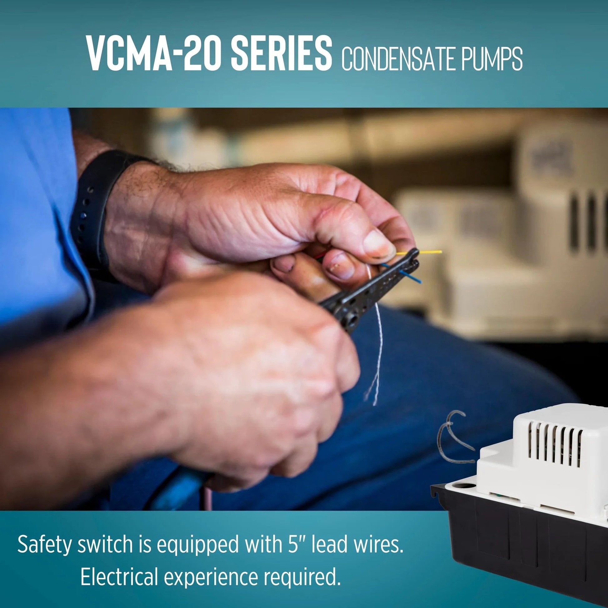 Person wiring safety switch for Automatic Condensate Removal Pump for HVAC Refrigeration and Dehumidifiers VCMA 20ULST