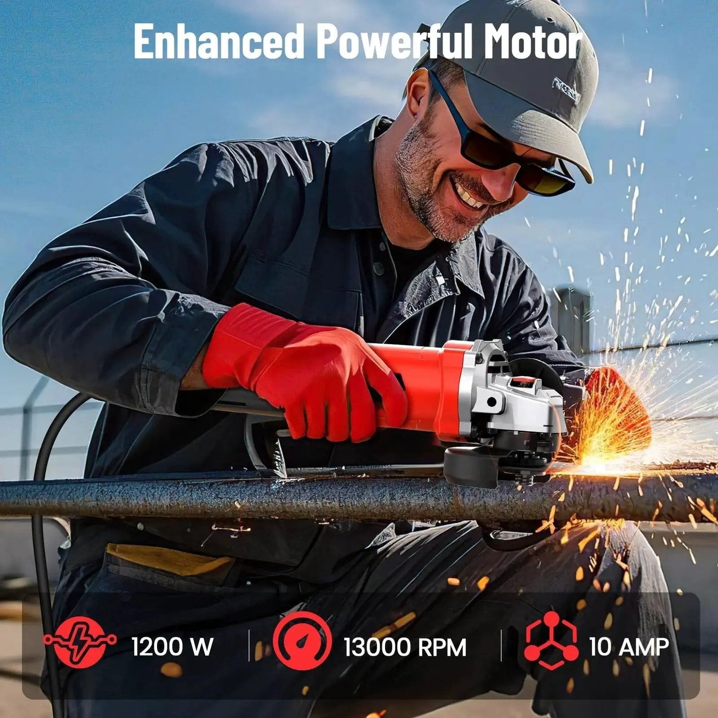 Worker using powerful four and a half inch angle grinder with ten amp motor delivers up to one thousand two hundred watts and thirteen thousand RPM for cutting metal