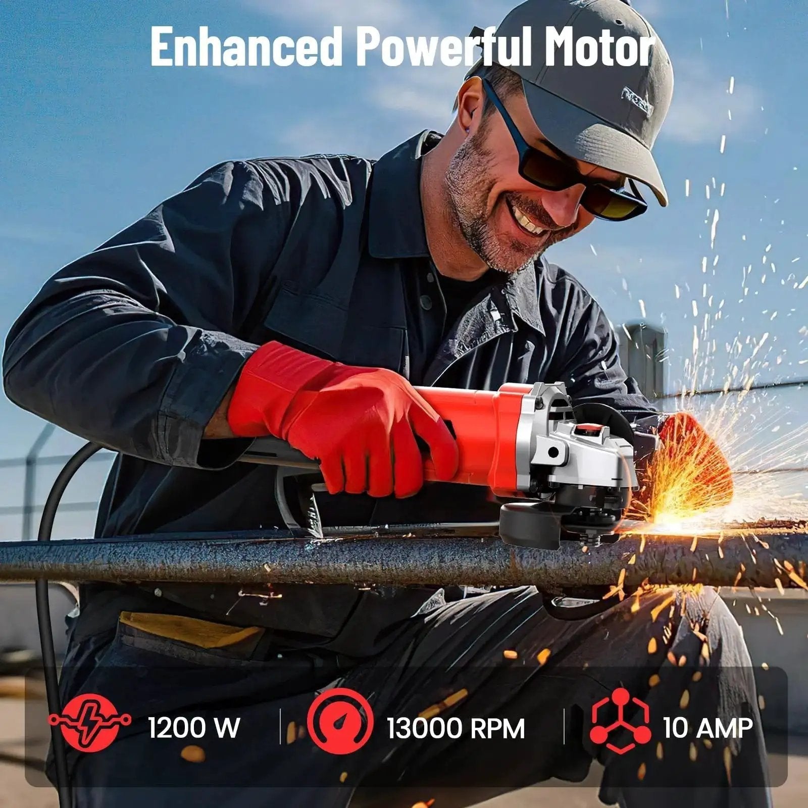 Worker using powerful four and a half inch angle grinder with ten amp motor delivers up to one thousand two hundred watts and thirteen thousand RPM for cutting metal