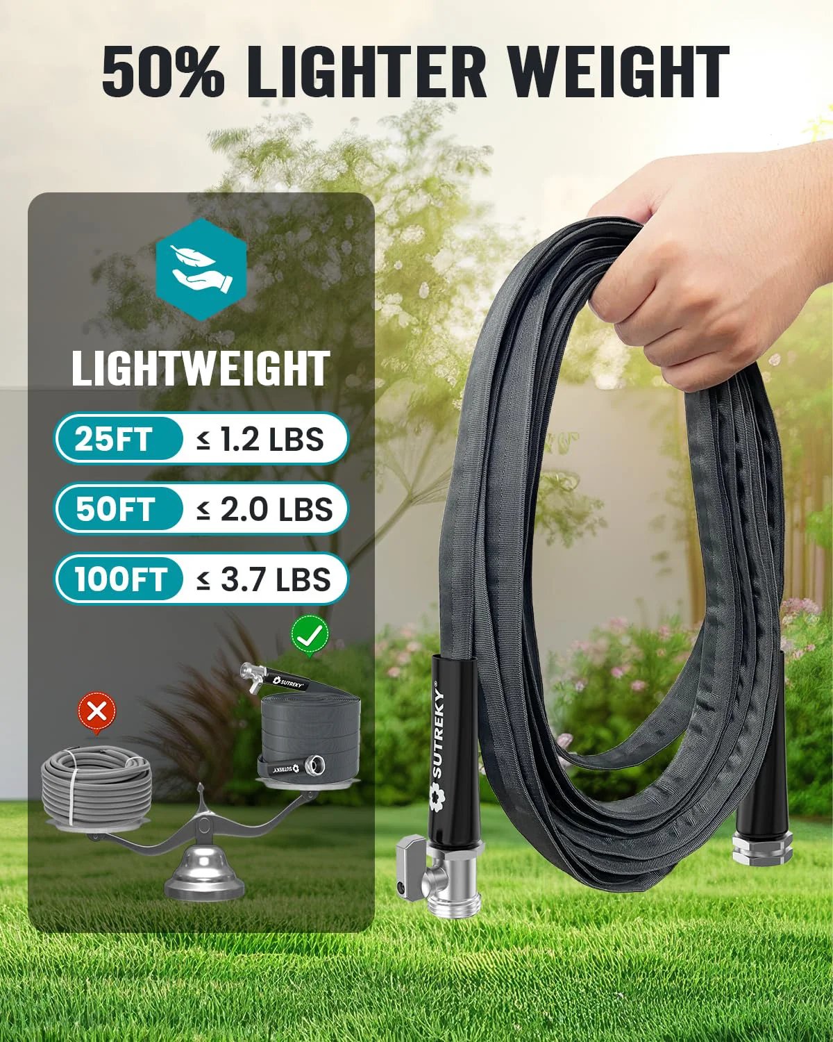 Person holding Ultra Light 50ft Garden Hose That Is Kink Free And High Pressure Abrasion Resistant All Weather Durable Eco Friendly
