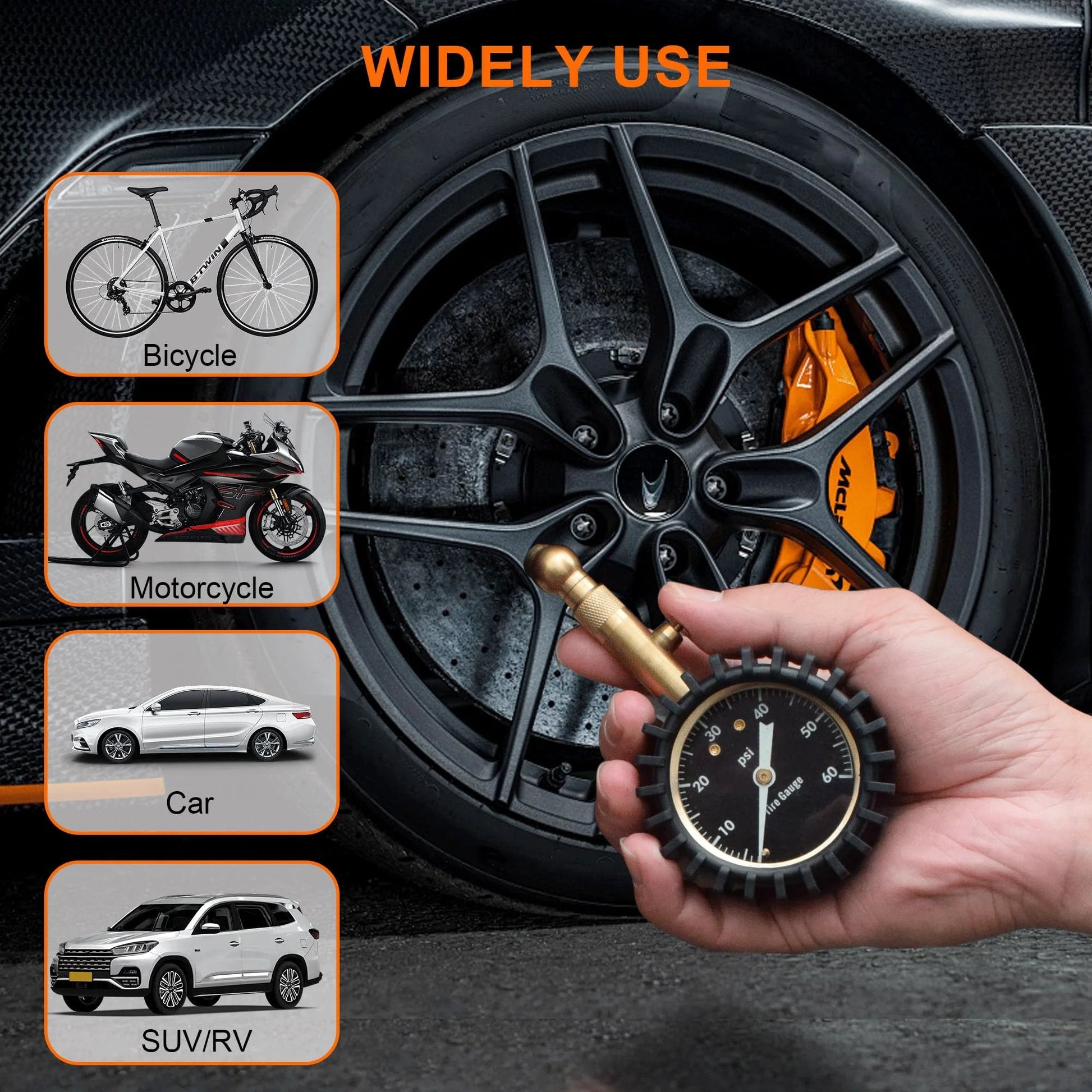 Hand holding Glowing Dial Tire Pressure Gauge for Cars 60 PSI with Illuminescent 2 Inch Dial and ANSI B40.1 Grade B Accuracy