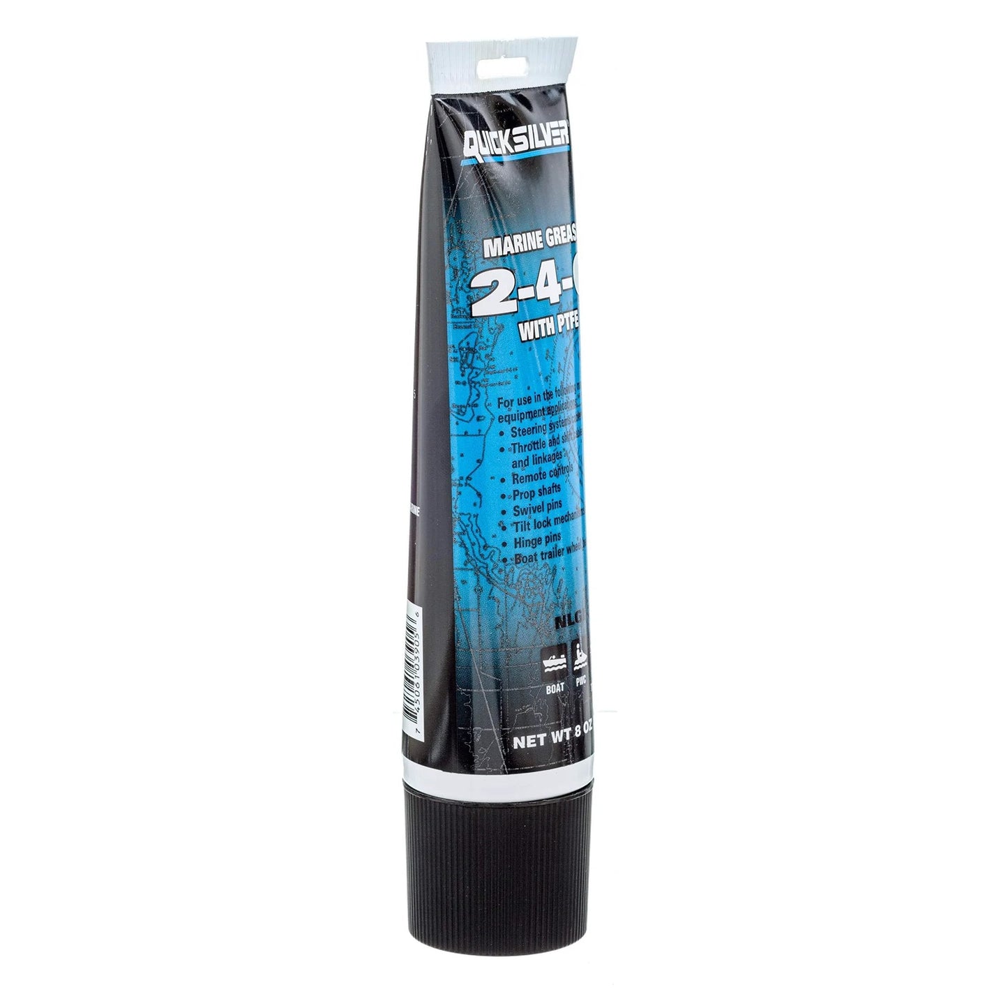 2-4-C Marine Grease With PTFE Teflon For Boats And Cables, Multi Purpose Lubricant For Steering Cables Throttle And Shift Cables, Tilt Mechanisms Remote Controls And Prop Shaft 8 Oz Tube, shown in a vertical tube with blue label.
