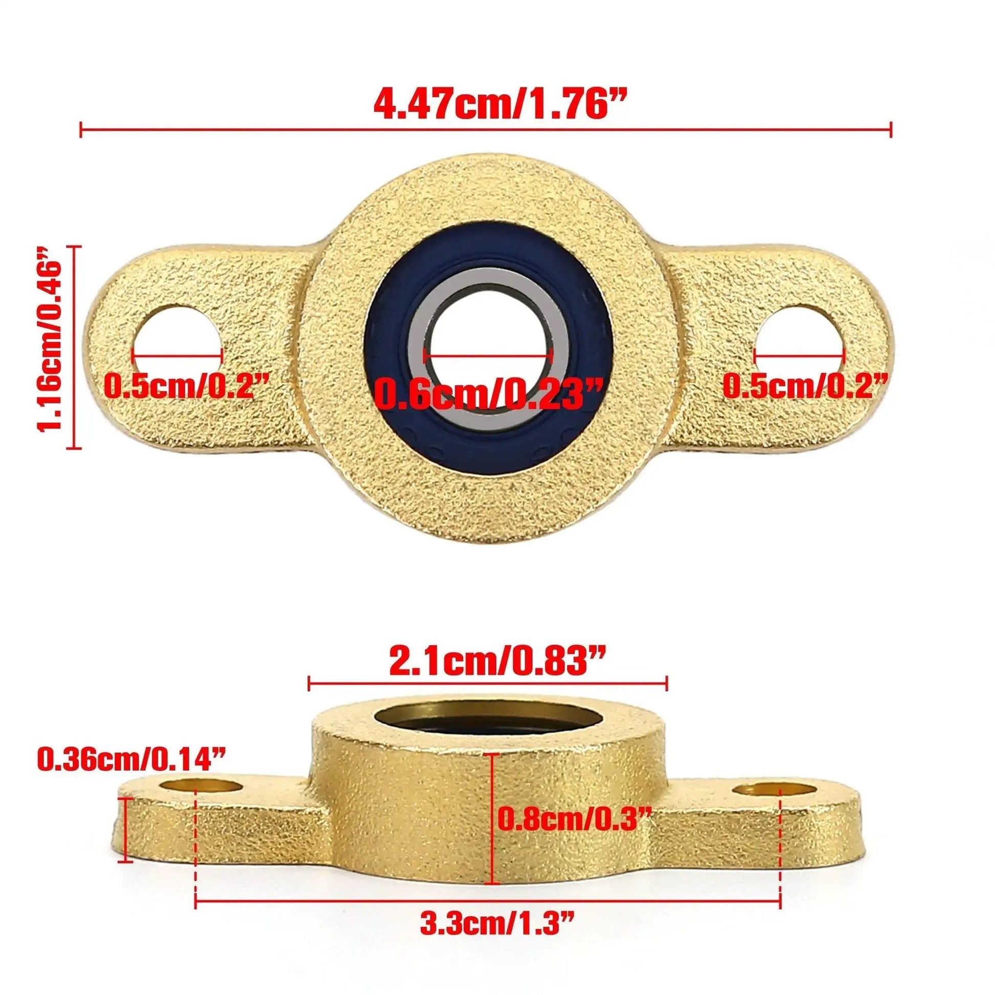 Four Pack Pillow Block Bearing for Six Millimeter Shaft With One Quarter Inch Bore And Two Bolt Flange Self Aligning Cast Iron Housing Set Screw Locking Style Durable Copper Bearing Material for Tough Built to Last Performance and Easy Maintenance. Image shows detailed front and side view with dimensions.