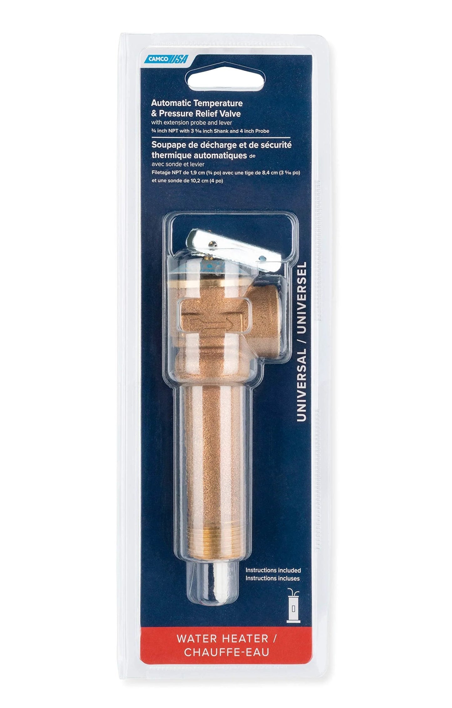 Front view of Temperature And Pressure Relief Valve For Water Heaters 3/4 Inch Inlet Outlet 150 Psi 210 F with copper alloy body.