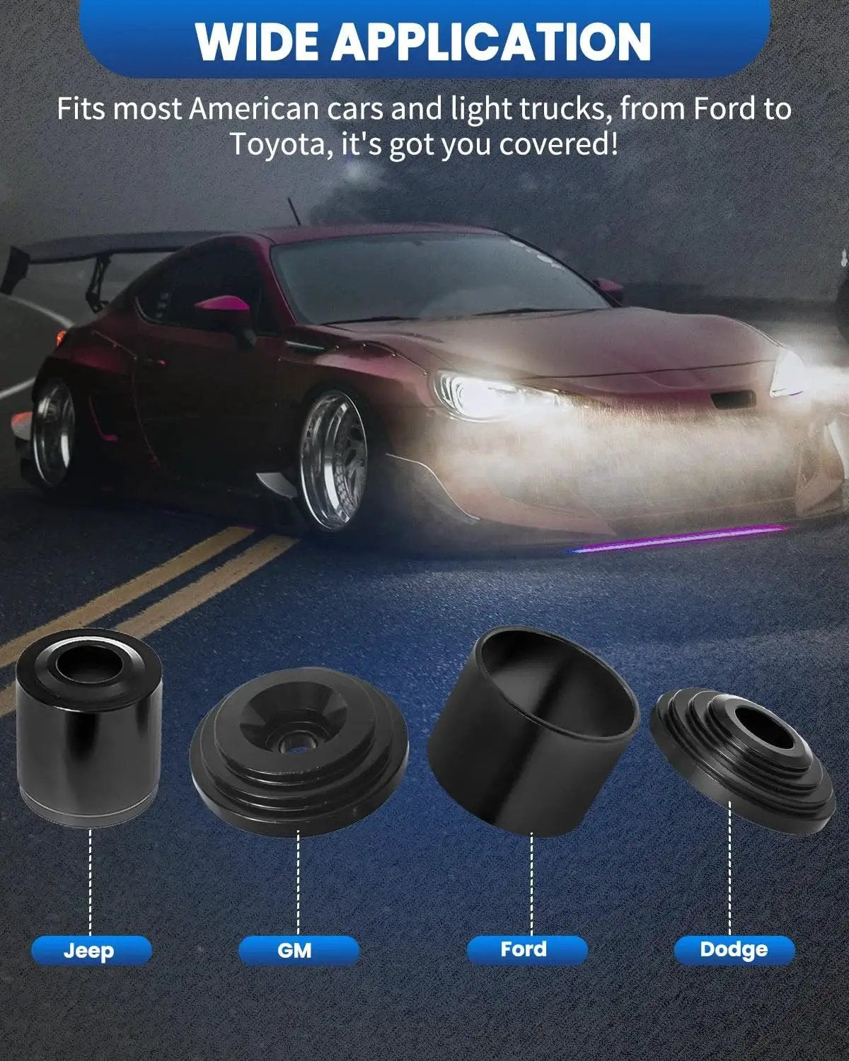 Wide application of Ball Joint Press And U Joint Kit For Cars And Light Trucks 10 Piece Set shown with car makes Jeep, GM, Ford, Dodge.