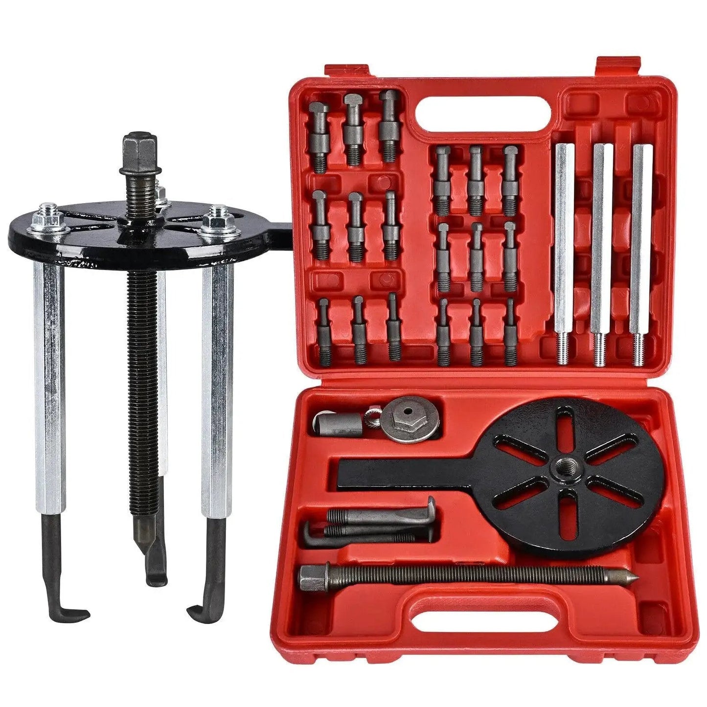 Bearing Puller Kit With Inner Hole Three-Jaw Puller Curved Hook And Quick Change Collets shown with red case, suitable for bearings 6005 to 6310