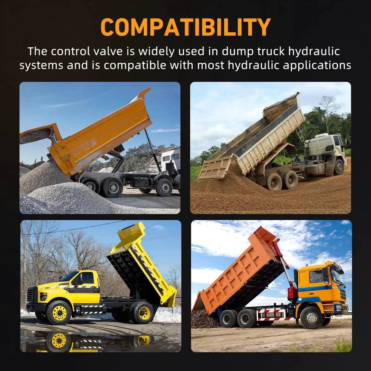 Dump trucks with PTO Hoist Air Control Kit With Kickout And K90 Valve for 10m tube in operation, showing compatibility