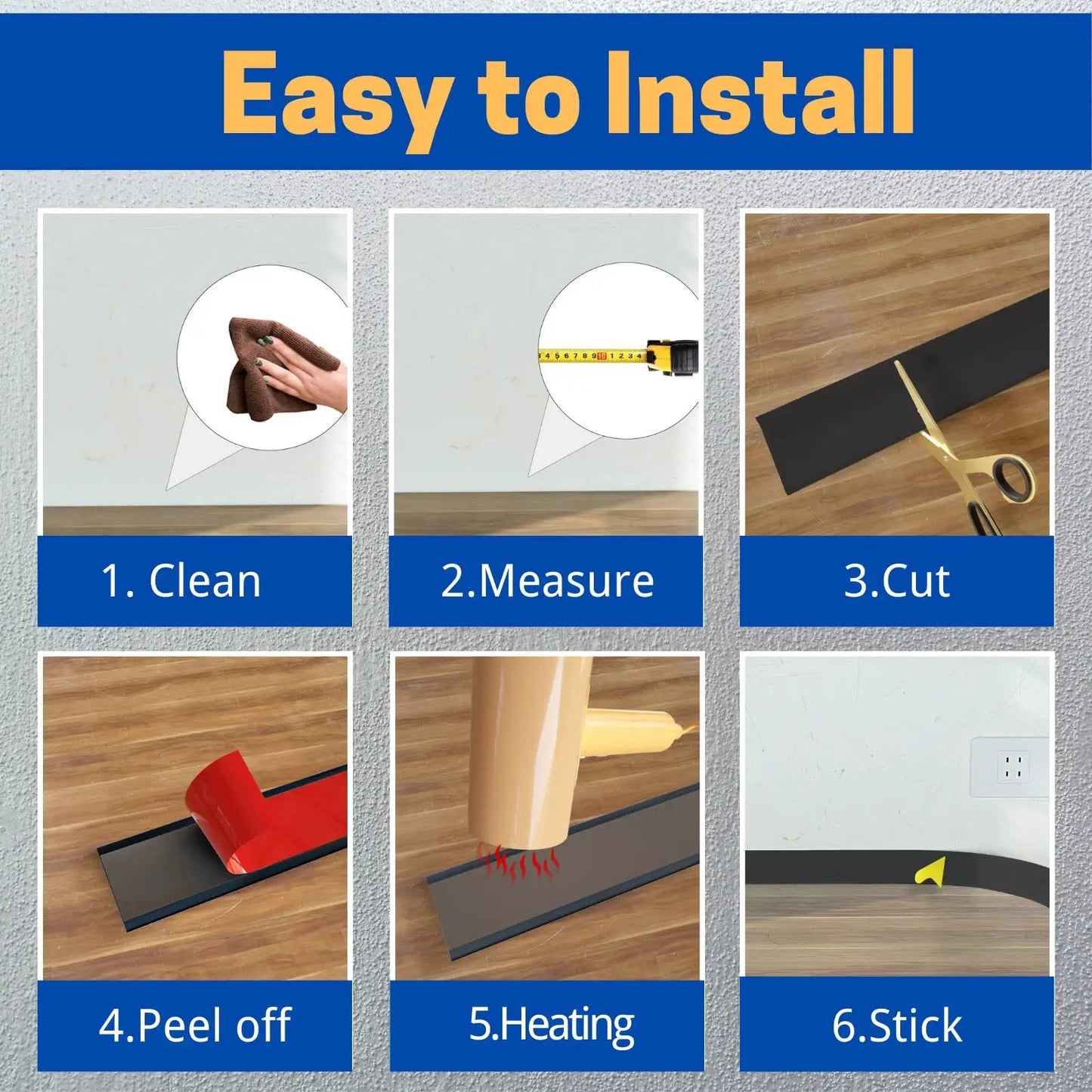 Self Adhesive Vinyl Baseboard Moulding 4 Inch By 20 Feet Black Peel And Stick Wall Cove Base Moulding Trim For Easy DIY installation steps.