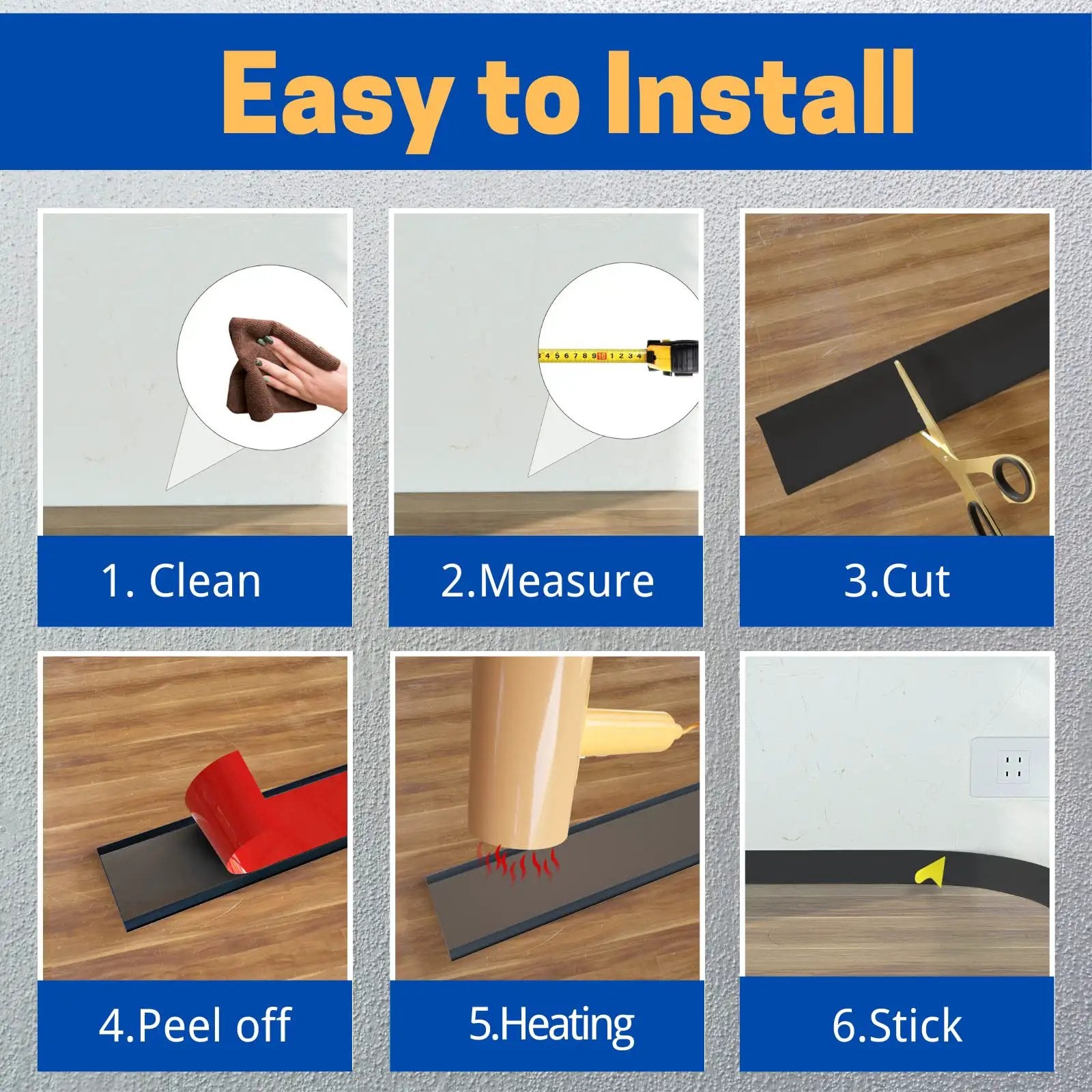 Self Adhesive Vinyl Baseboard Moulding 4 Inch By 20 Feet Black Peel And Stick Wall Cove Base Moulding Trim For Easy DIY installation steps.