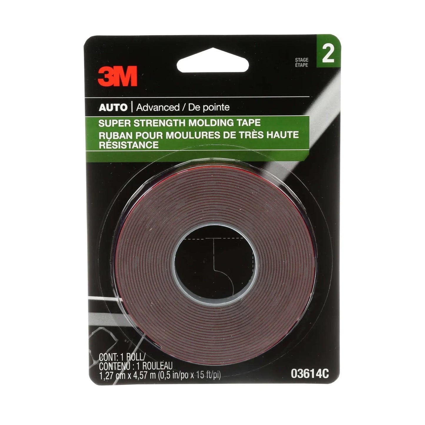 Package of Super-Strength Molding Tape 1/2 in x 15 ft Single Roll High-Strength Double-Sided Automotive Trim Adhesive Permanent Bond 03614