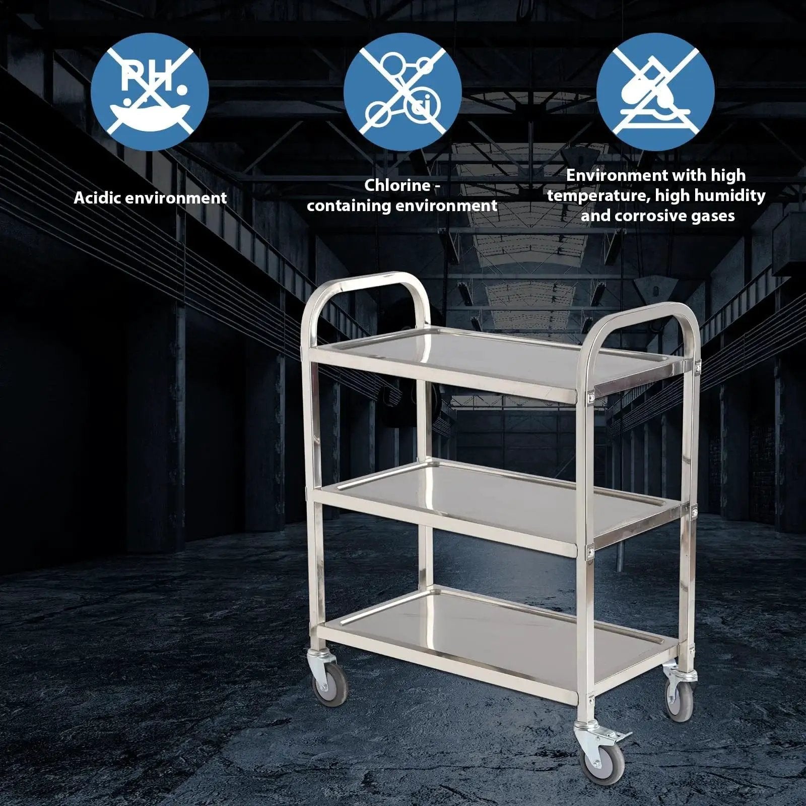 Three Shelf Stainless Steel Serving Cart With Wheels 400 Lb Capacity 1mm Thick Steel Locking Wheels And 360 Degree Rotation
