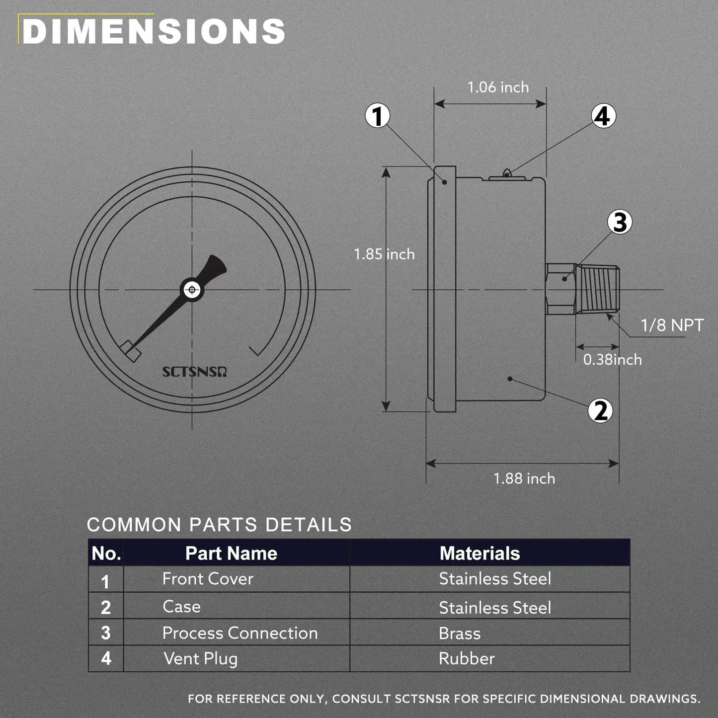 Technical drawing of Inline Low Pressure Fuel Gauge For Oil Water And Air With One And A Half Inch Dial Glycerin Filled