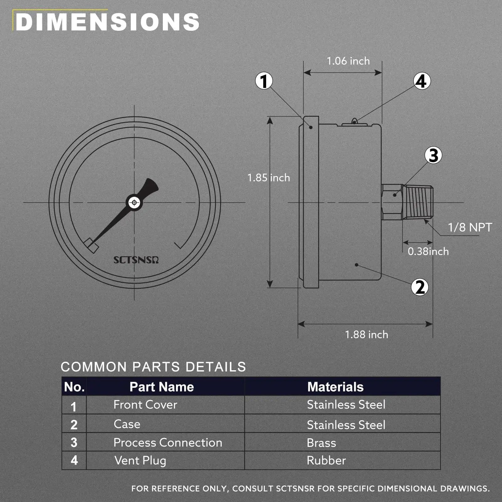 Technical drawing of Inline Low Pressure Fuel Gauge For Oil Water And Air With One And A Half Inch Dial Glycerin Filled