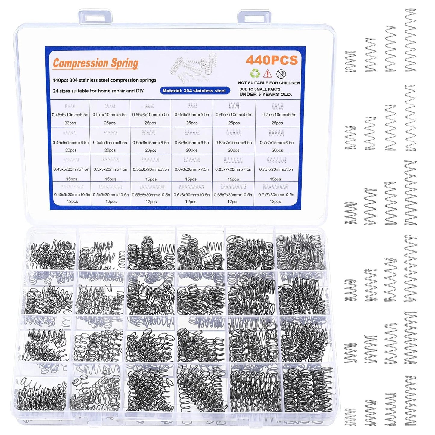 440 Piece Stainless Steel Compression Spring Kit With 24 Size Assorted Small And Torsion Springs For Garage Shop Car And Home Repairs Durable Pro Grade Stainless Steel Set For Mechanical Projects And Everyday Fixes