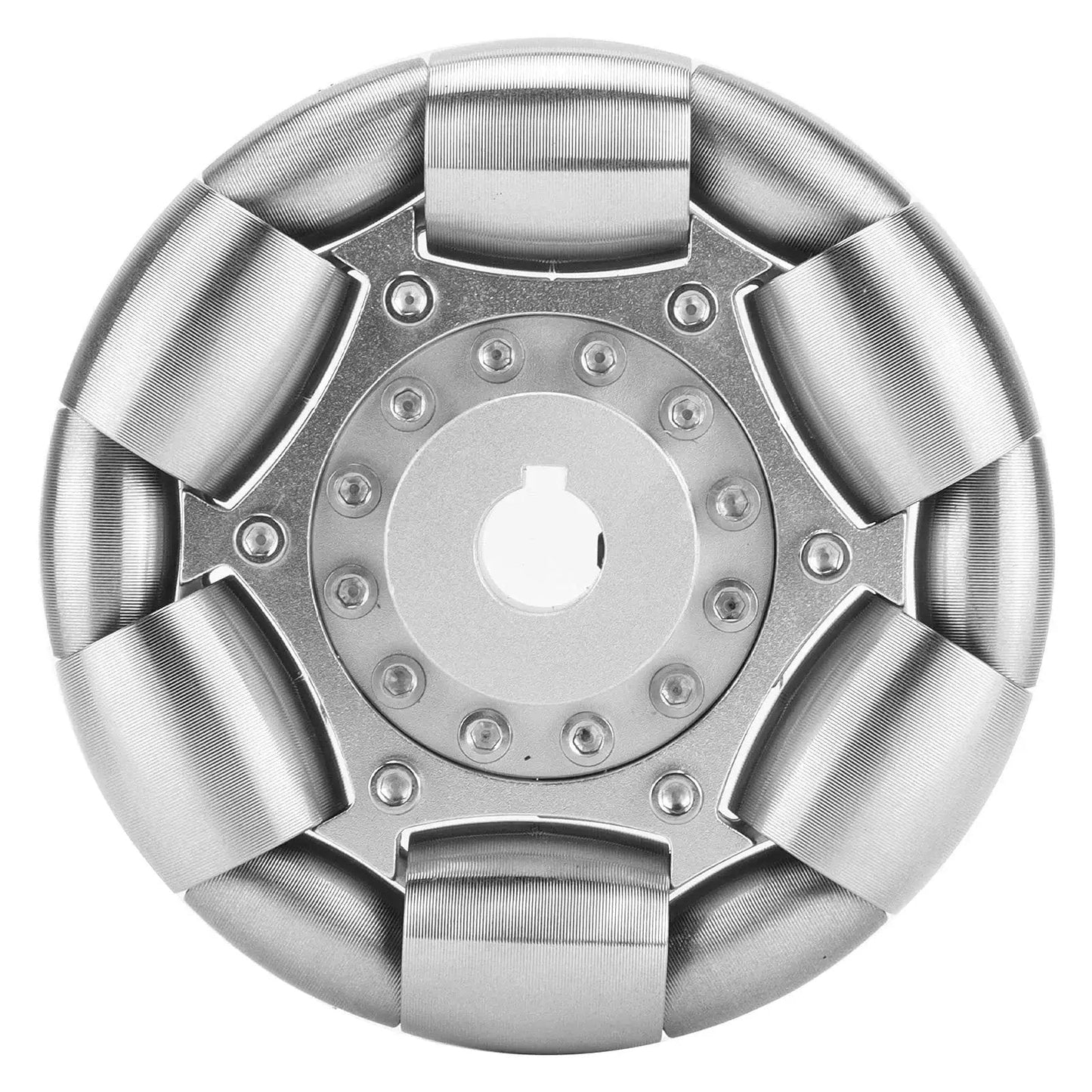 Close-up of 100mm Stainless Steel Omnidirectional Wheel for Robotics and Ball Balance Ballbots, featuring precision omni wheel rollers.