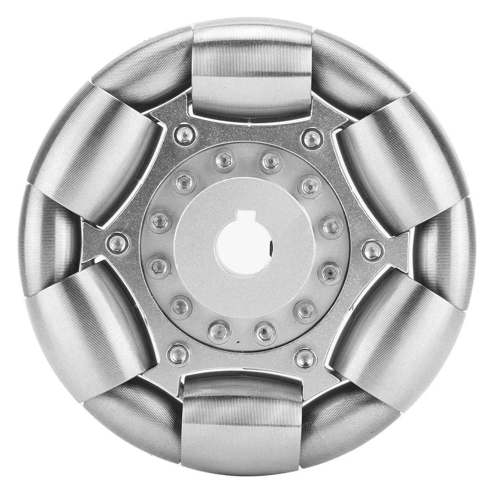 Close-up of 100mm Stainless Steel Omnidirectional Wheel for Robotics and Ball Balance Ballbots, featuring precision omni wheel rollers.