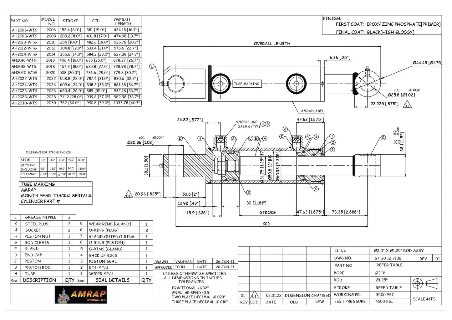 Technical drawing of 2 Inch Bore 18 Inch Stroke Double Acting Hydraulic Cylinder 3500 PSI SAE6 Ports with detailed dimensions.