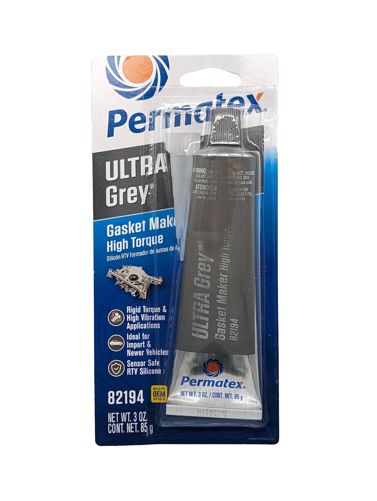 High-Torque RTV Silicone Gasket Maker With Superior Vibration Resistance For Valve Covers, Oil Pans, Timing Covers, And Water Manifolds; Oil And Coolant Safe, Low Odor, Non-Corrosive Formula, 3.5 Oz Permatex in packaging.
