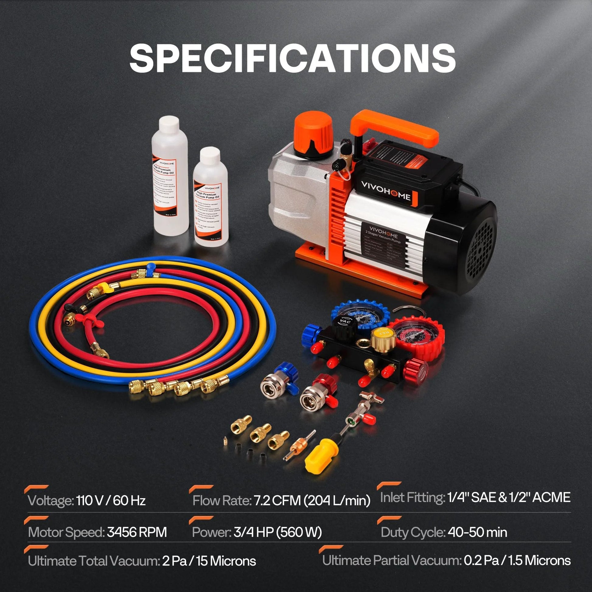 Pro Grade 3/4 HP Vacuum Pump Kit With 7.2 CFM Dual Stage Deep Vacuum, 4 Way Manifold Gauge, 5Ft Hoses For R134a R410a R22 R502 Automotive And Commercial HVAC Systems, VIVOHOME, showing full setup with pump, hoses, and gauge
