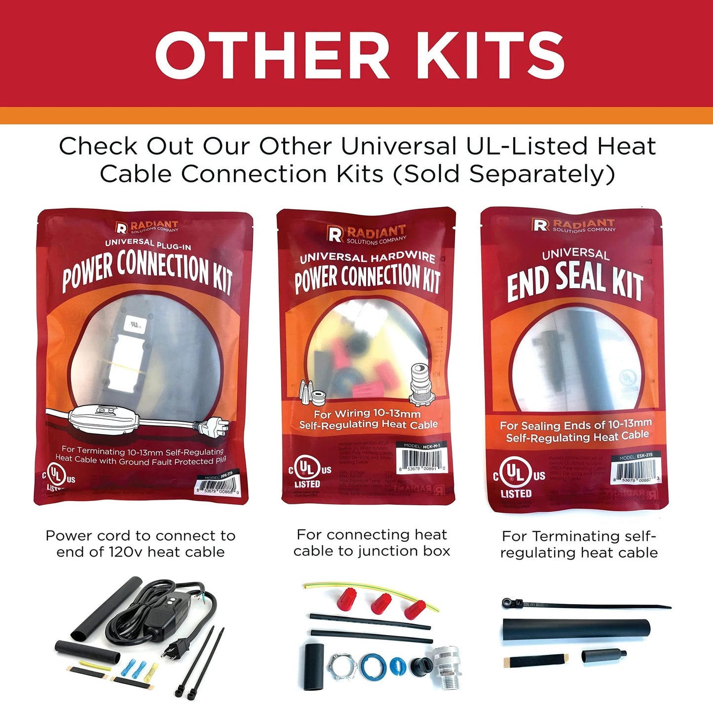 Image showing various UL Listed heat cable connection kits including power and end seal kits for 10-13mm heat cable.