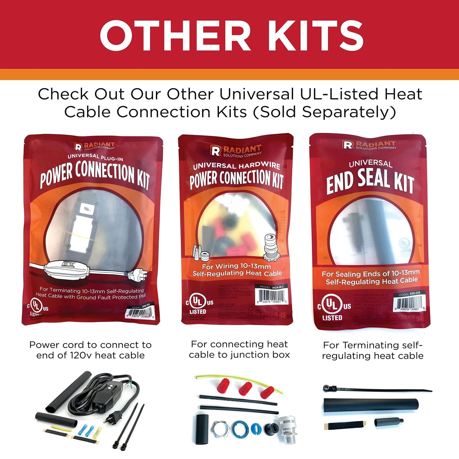 Image showing various UL Listed heat cable connection kits including power and end seal kits for 10-13mm heat cable.