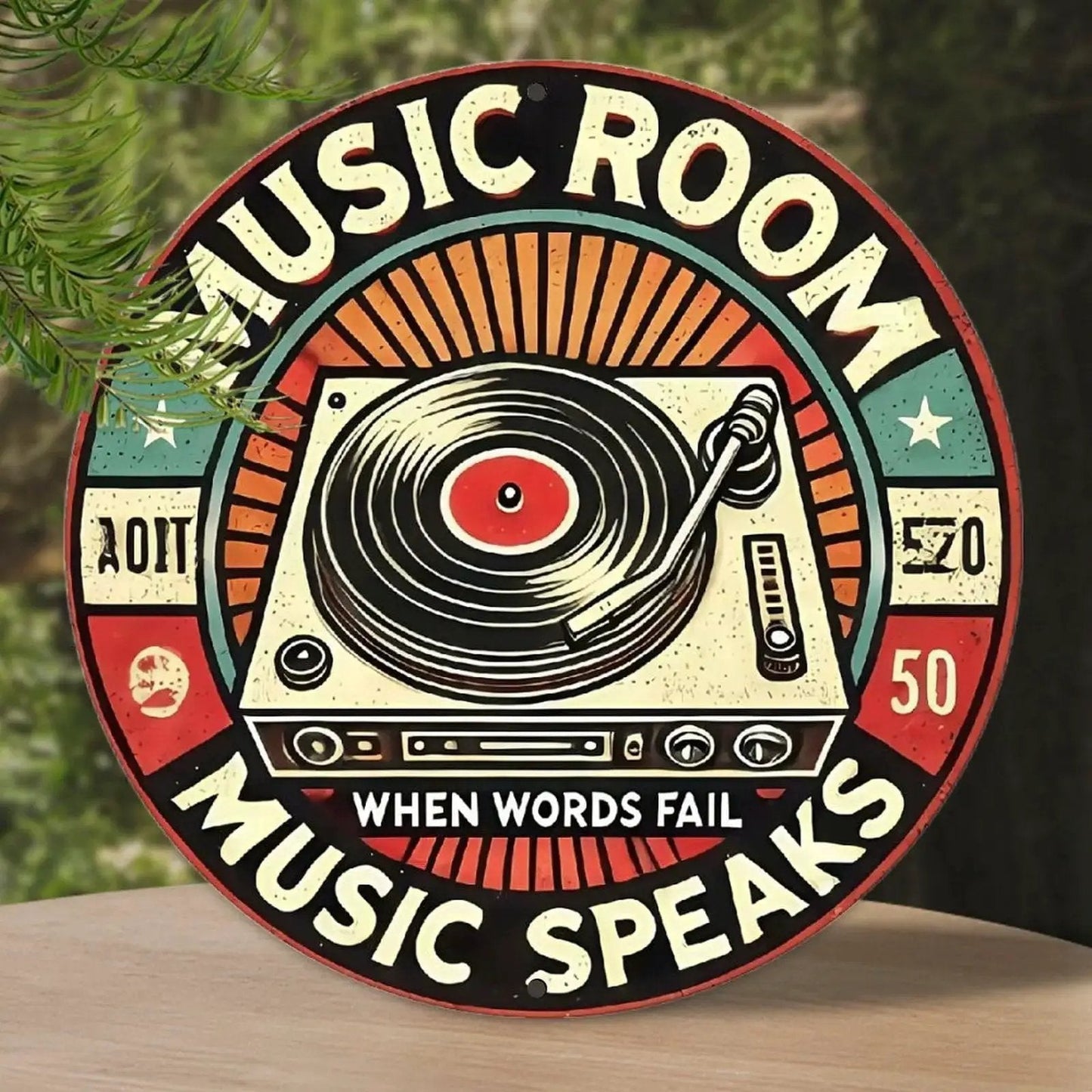 Retro Music Room Sign Featuring Turntable Design Round Aluminum Wall Art For Home Office Cafe And Yard Indoor Outdoor Decor Durable Rust Resistant Metal With Full Surface UV Printing For Bright Long Lasting Colors